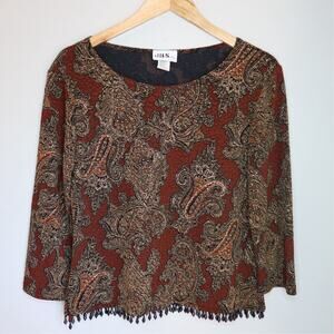 JBS Ltd Vintage Paisley Metallic Beaded Fringe Top Boho Y2K Party